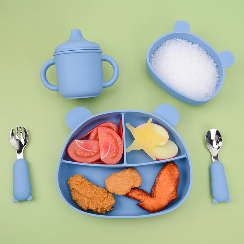Silicone Baby Dish Set Bear Shape Dinner Plate Suction Bowl Children