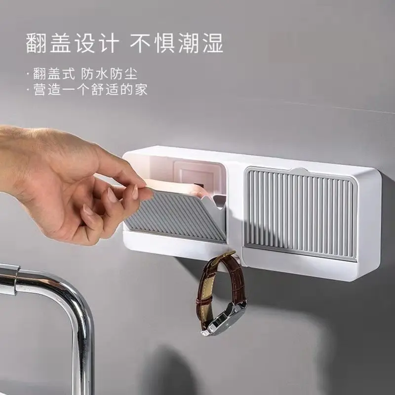 Adhesive Bathroom Shelf Wall Mounted Storage Rack Without Drill Soap Holder with Cover Dustproof and Waterproof Soap Box