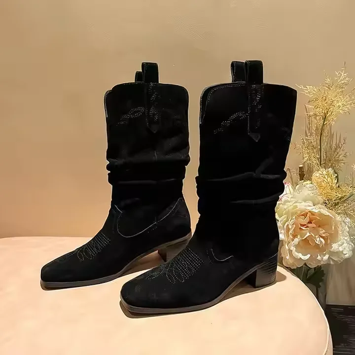 New Style Cowgirl Leather Boots Square Toe Wide Calf Soft Suede Genuine Leather Women Western Heel Boot - Image 4