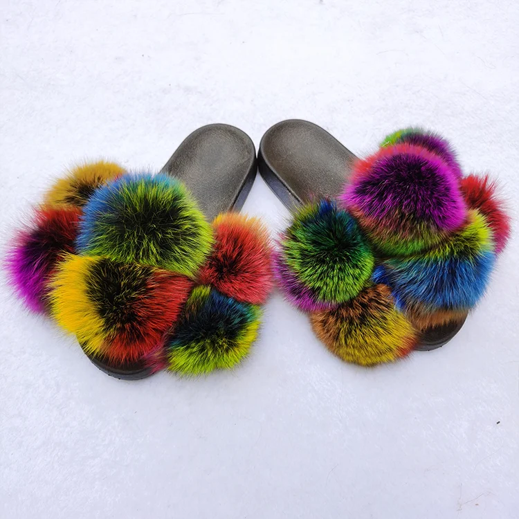 Дизайнерские оптом красочные коричневые пушистые меховые сланцы тапочки из натурального Лисьего меха для