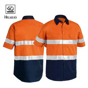 Breathable Construction Hi Vis Workwear Fluorescent Uniform Cotton Embroidery Work Clothes Safety High Visibility Work Shirt