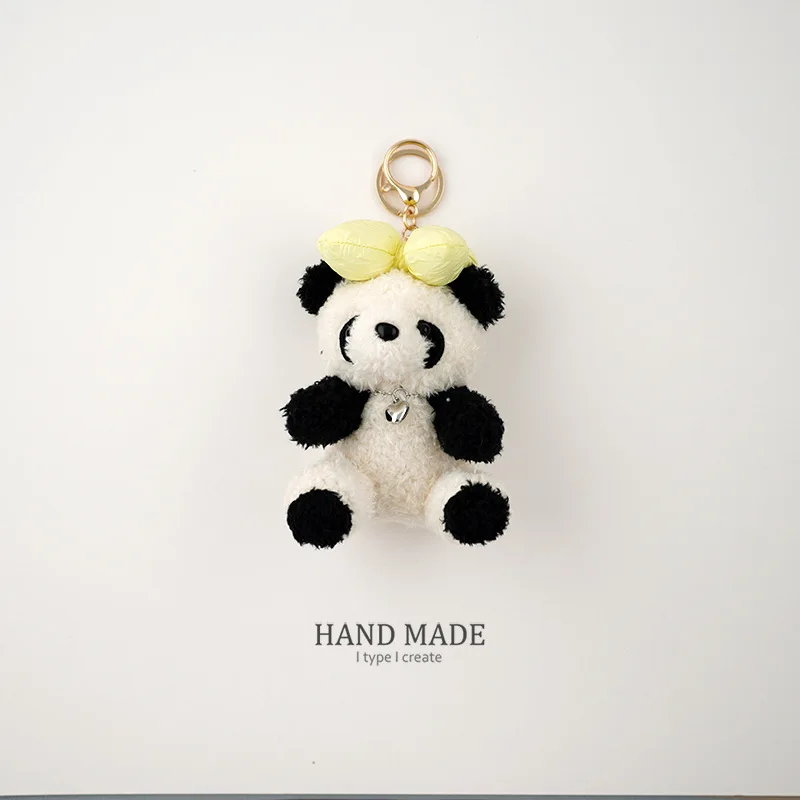 Mini Size Cartoon Kawaii Bow Panda Dolls Plushie Keychain Pendant