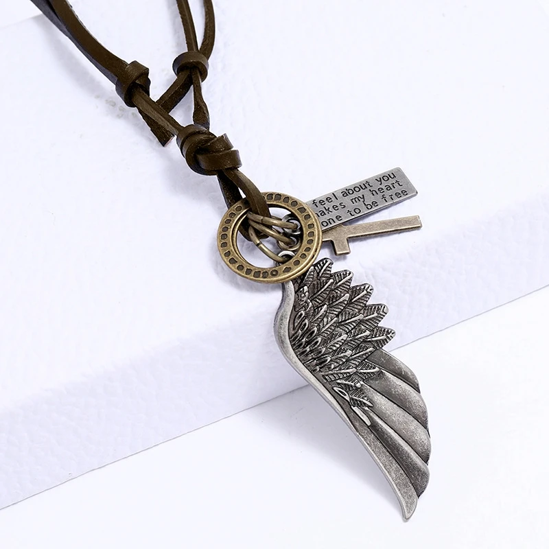1pc Mens Choker Necklace Personality Angel Wings Pendant Leather Necklace  Adjustable Simple Long Section, 90 Days Buyer Protection
