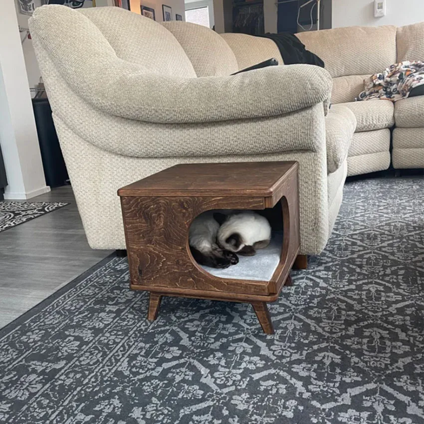 Pet Furniture Side Table Wood Cat House Cozy Wooden Cat Bed House