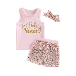 2023 Unique Summer Girls Birthday Clothes Sets Sleeveless Letter Print Tank Top + Sequin Shorts + Headband Kids Outfits