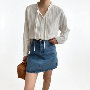 Custom Women's 100% Cotton White Ruffled V-neck long-sleeve Blouse with lace Trim