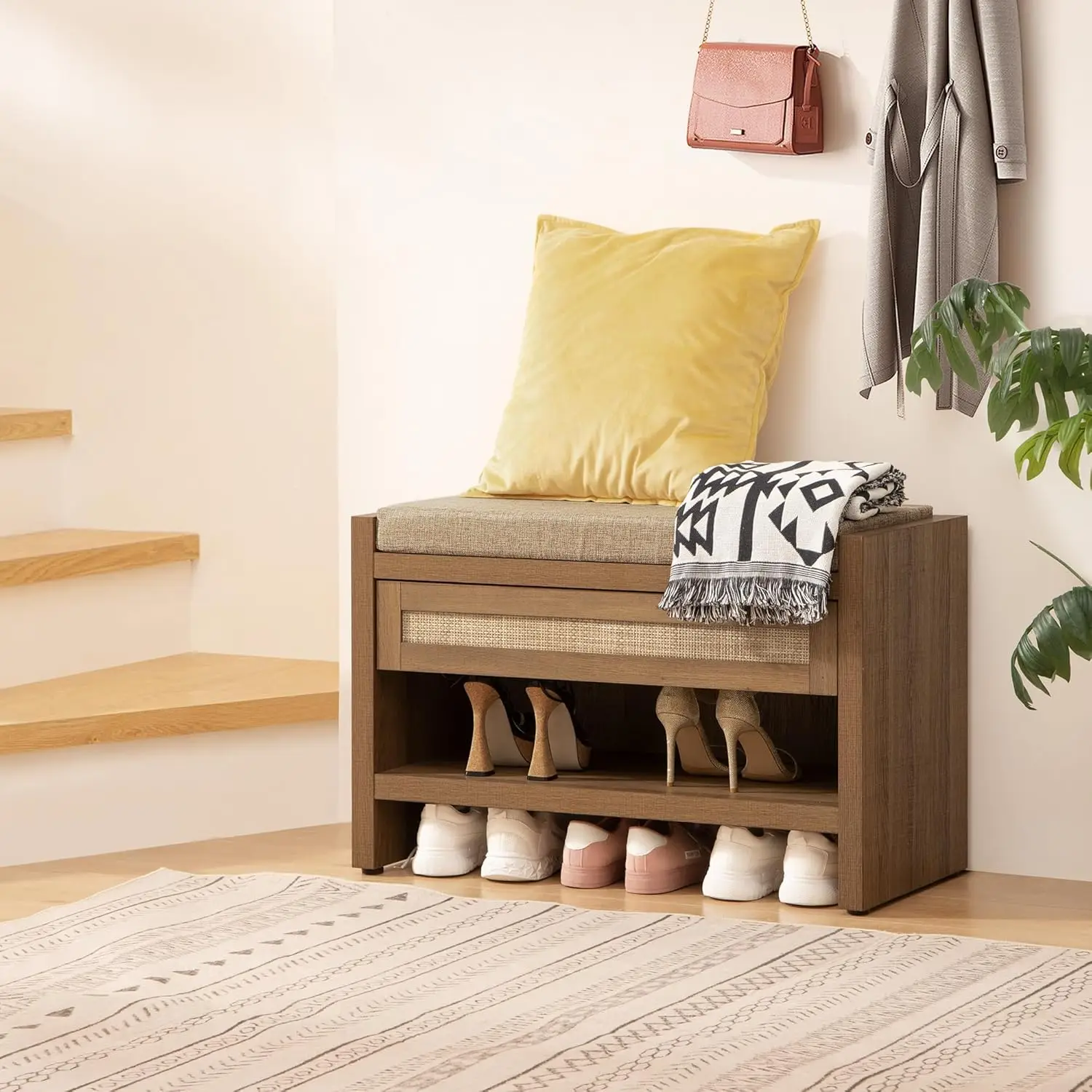 Shoe Bench Entry Bench with Storage Drawer and Linen Seat Cushion Shoe Rack With Shelf Wooden Storage Bench for Hallway Bedroom