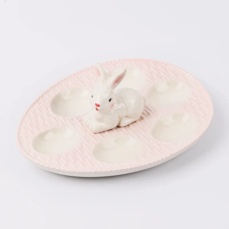 Easter Rabbit Ceramic 6 Compartment Egg Holder Plate Carrier Deviled Egg Serving Plate Tray