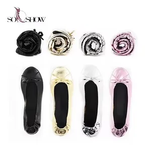 Hot Selling Cheap Price Light Weight Flat Woman Rollable Shoes and Metallic Color Bridesmaid Shoes with Matching Clutch Bag.