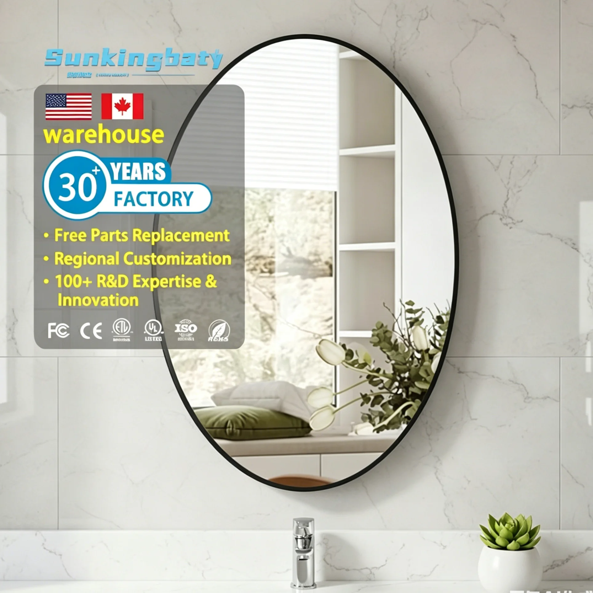Modern Aluminum Black Oval Bathroom Vanity Mirror 24x32 Hanging Horizontal/Vertical Bedroom Living Room Entryway