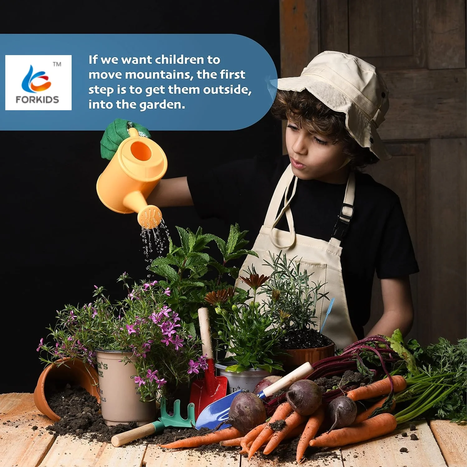 Kids Garden Tools Set Hand and Equipment Kit with Apron Gloves Shovel Fork Rake Mini Toy