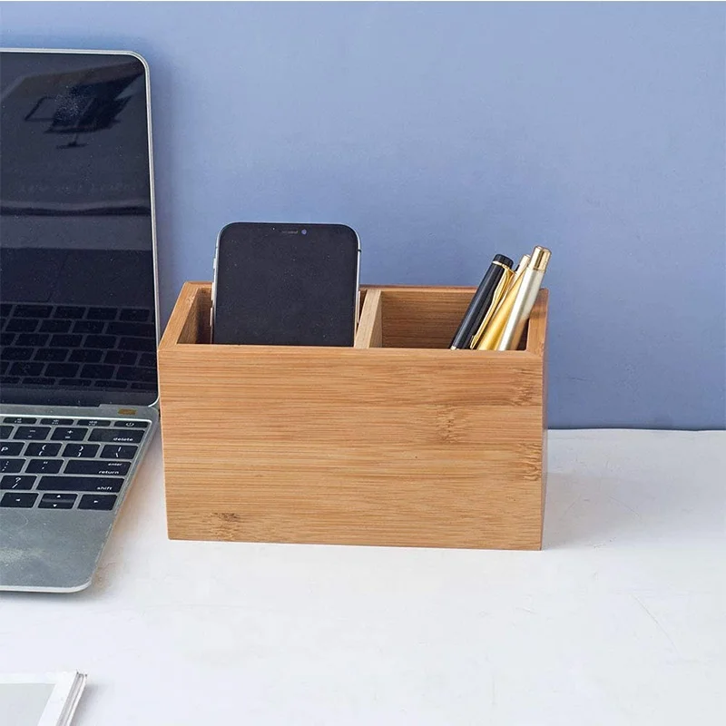 Бамбуковый держатель для ручек, деревянный подстаканник для карандашей, настольный милый многофункциональный держатель с дистанционным управлением и 2 ячейками (бамбук)