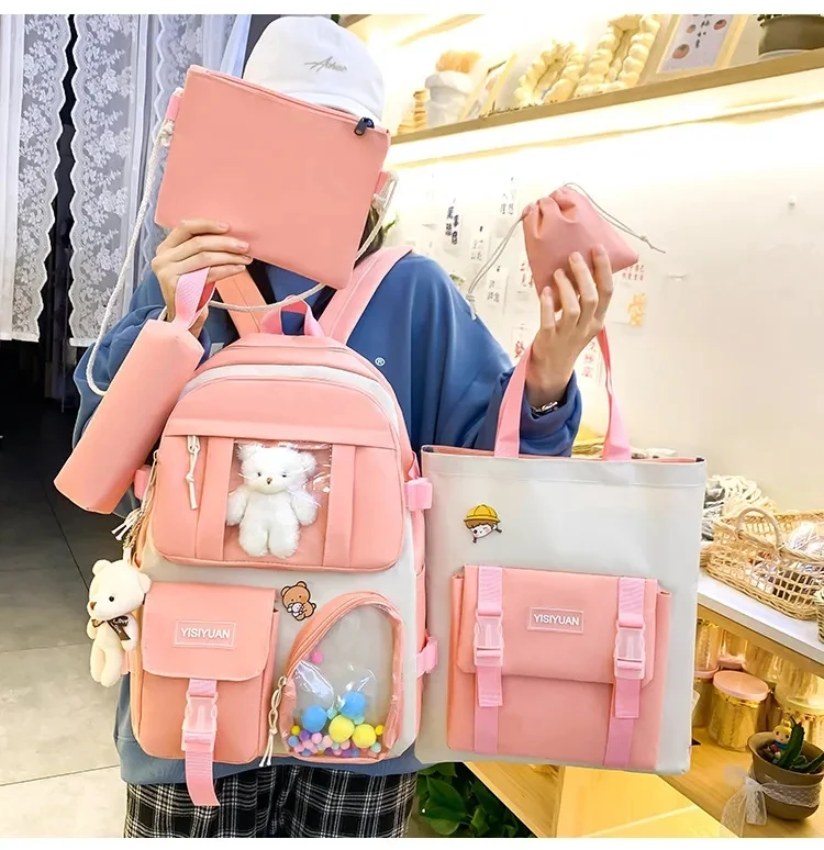 Hotselling Custom High Quality Girl Backpack Cute College 5-piece Set Girl Backpack School Bag Student Backpack Set
