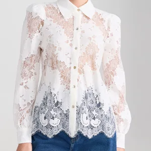 Manufacturer Lace Tops With Scalloped Hem Collared Neck Puff Sleeves Button Cuffs Semi Sheer Fall Blouse