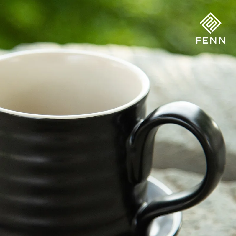 FENN Custom Logo 280ml Minimalist Matte Black Porcelain Coffee Teacup and Saucer Set Wholesale Ceramic Coffee Mug for Gifts