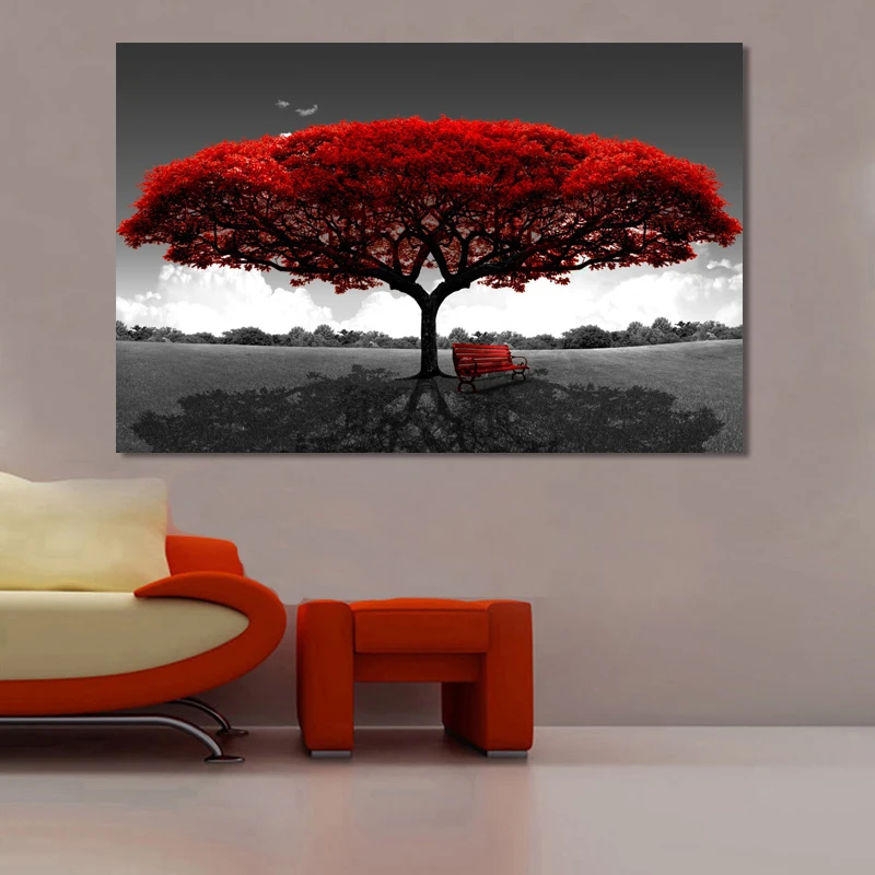 Nordic Modern Red Tree Landscape Wall Art Canvas Posters Prints Unframed Wall Pictures for Office Living Room Home Decor Artwork
