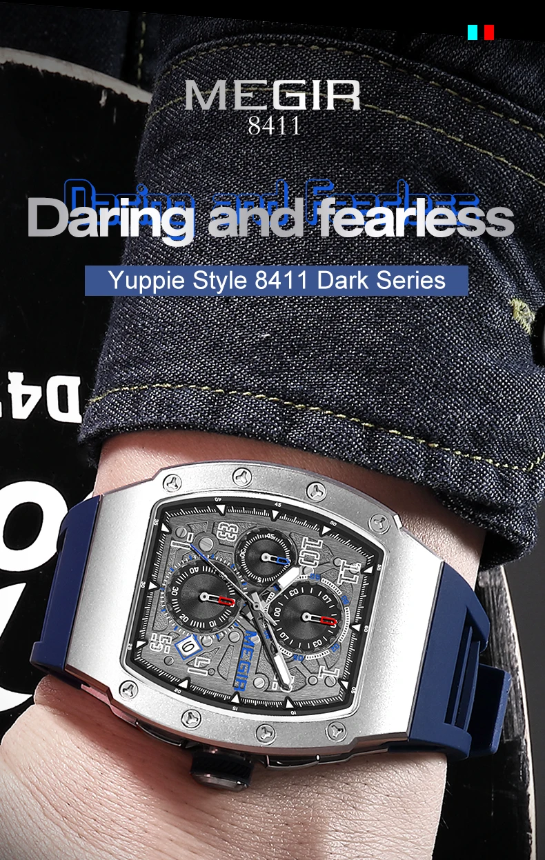 MEGIR 8411 Luxury Business Men's Quartz Wristwatch Fashion Blue Silicone Waterproof Luminous Pointer Dial Custom Watch