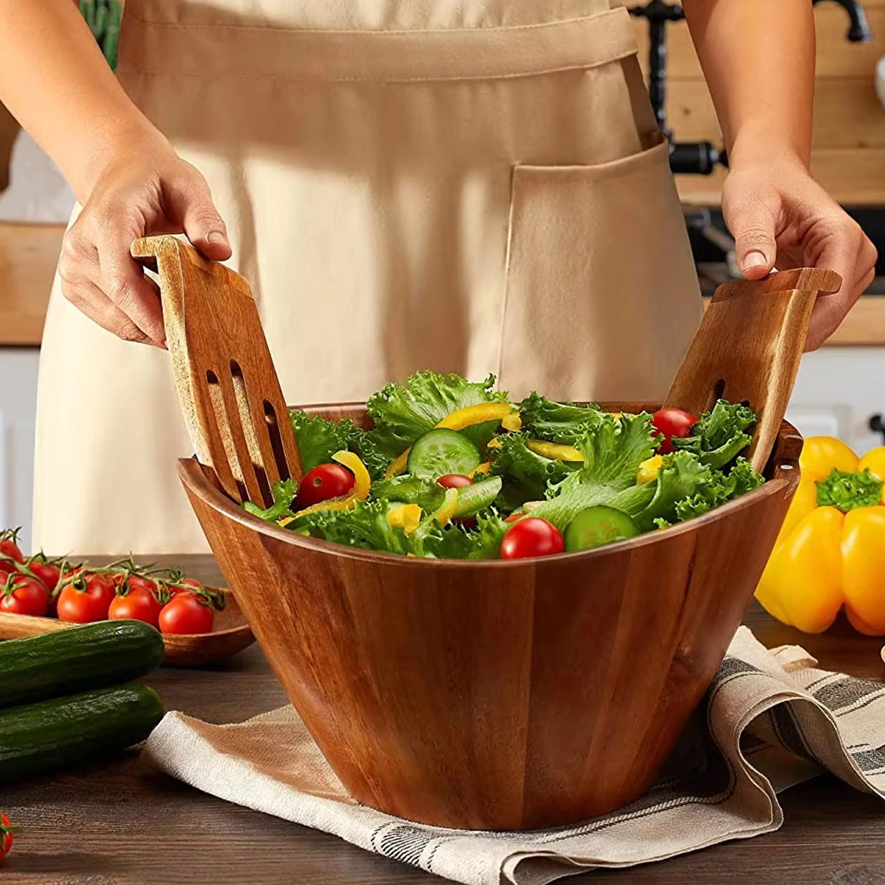 Wooden Salad Bowl Set with Serving Forks Mixing - Magnetic Serving Utensils Attached to Large Acacia Wood Bowl for 6-8 Helpings