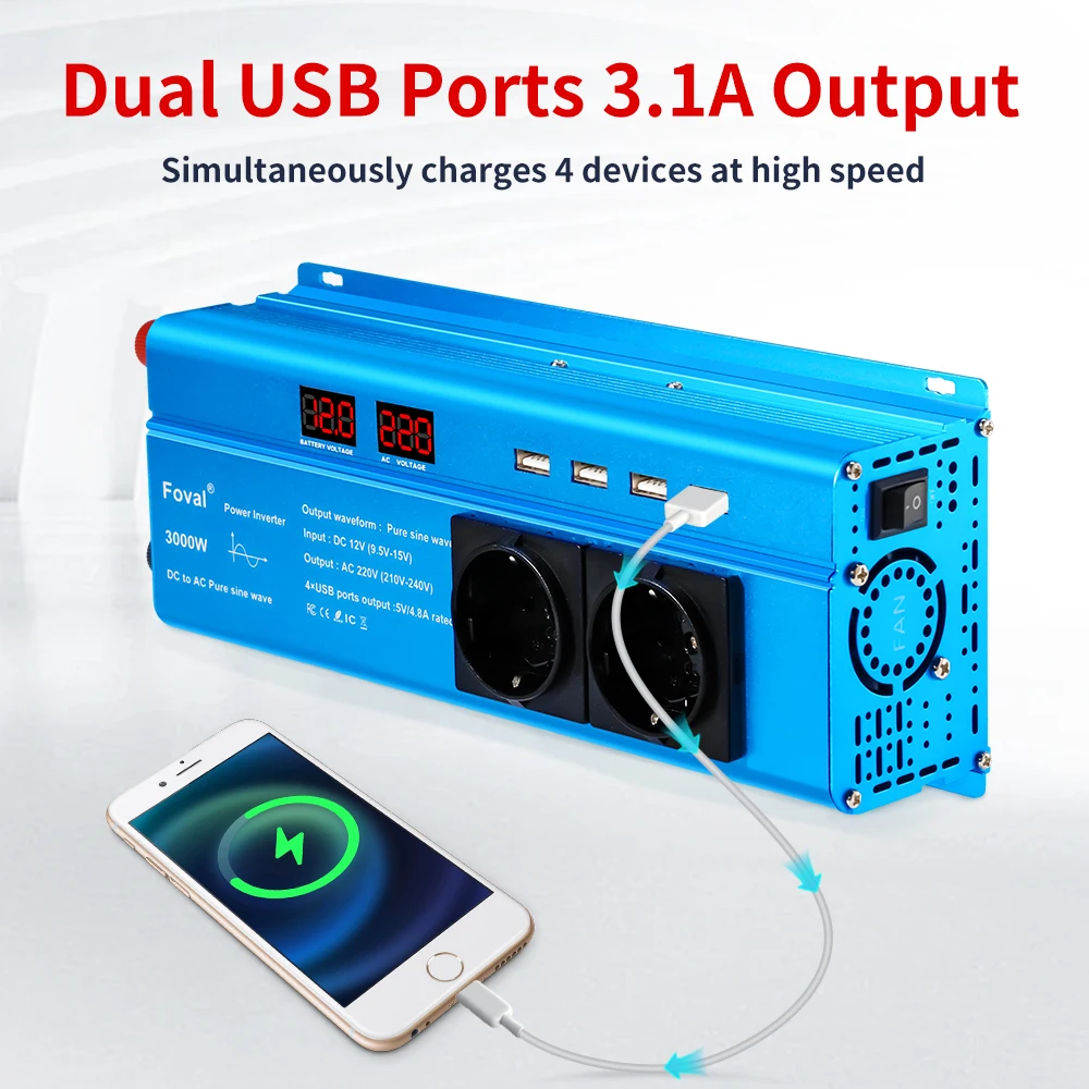 Foval 3000W Pure Sine Wave Inverter, DC 12V/24V to AC 110V/220V 