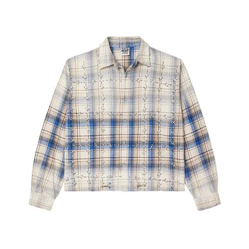 Custom Men's  Rhinestone Plaid Button Slightly Distressed Loose Fit Flannel Shirt With Vintage Style Trendy Design