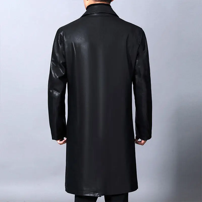 Long Leather Men's Lapel Leather Coat Thickened Over Knee Leather Coat