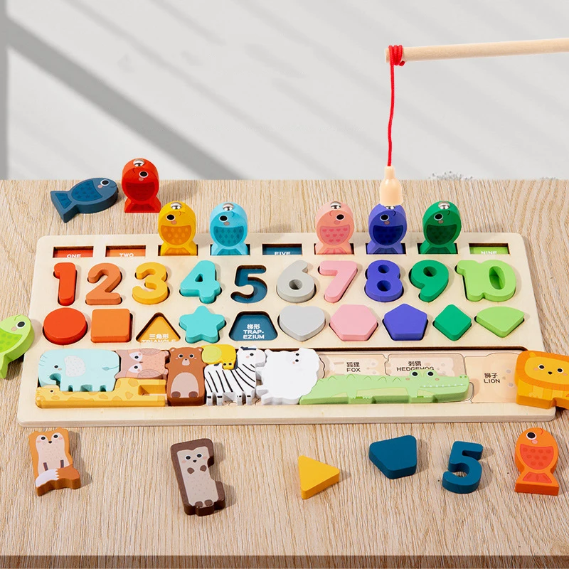 Montessori Wooden Fishing Game Shape Matching Puzzle Logarithmic Board Fine Motor Skills Toys Educational Baby Busy Board