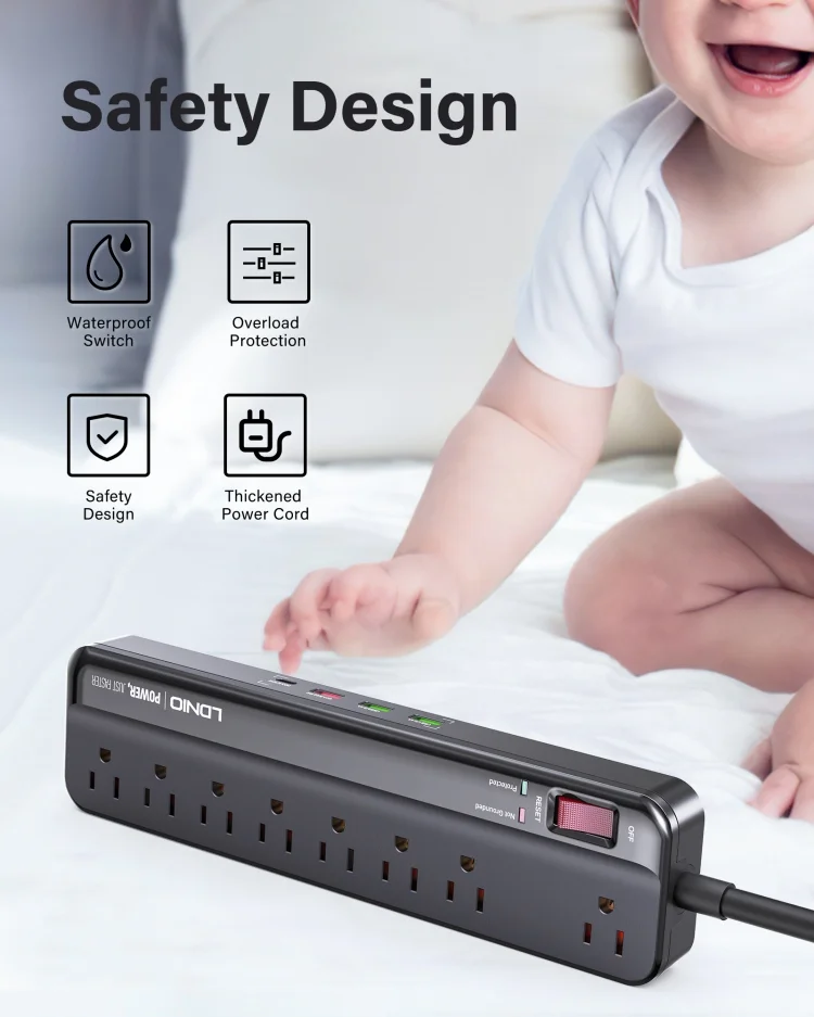 LDNIO SU8440 15A Surge Protector with 8 Outlets and 4 USB Ports Flat Plug Extension Cord for Home Office USA Power Strip
