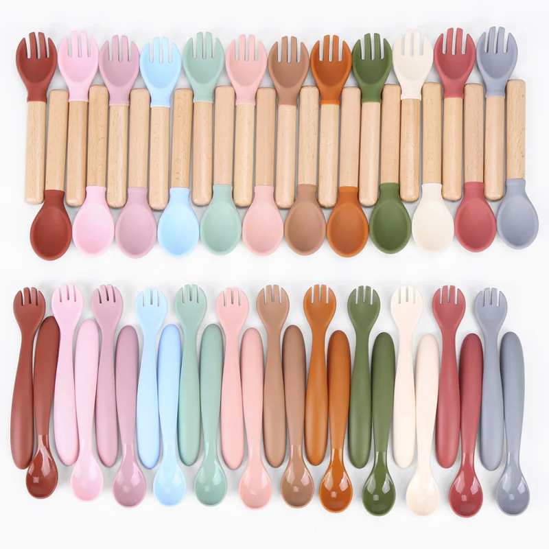 Hot Sale Safety BPA Free Cucharas Set Mini Feeding Wooden Spoon Silicone Baby Spoon Fork Set For Training