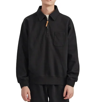 Vintage Pullover Mens Black Plus Size Quarter Length Zip Chest Pocket Rib Sweatshirts
