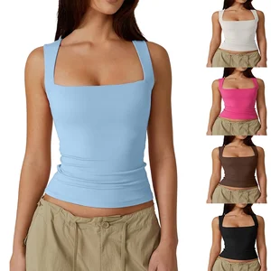 New Summer Collection Women's Embroidered Solid Square Neck Sleeveless Double Layer Spandex Cotton Regular Fit Tight T-shirt