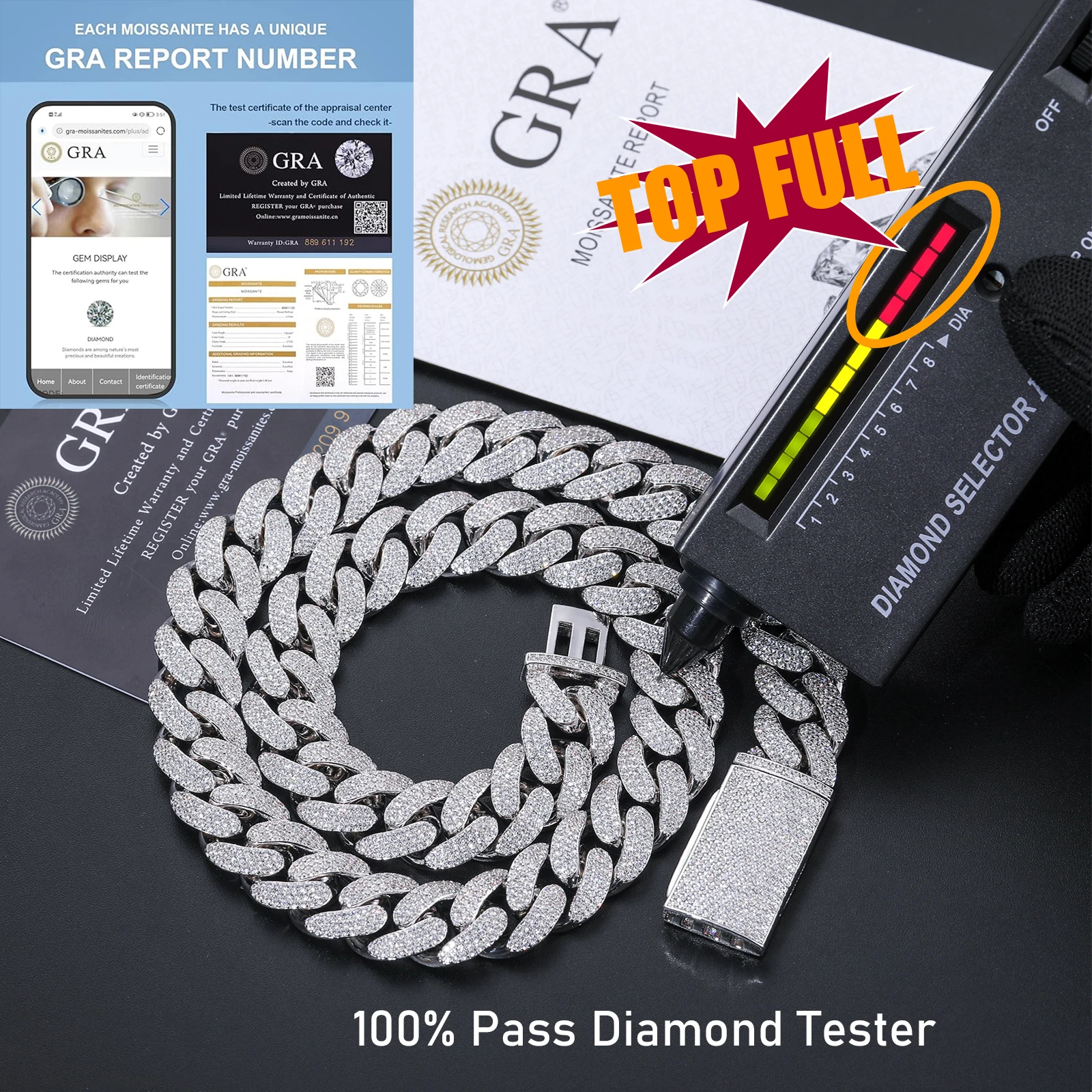 Mens Hip Hop Jewelry Mossanite Necklace 620mm 925 Sterling Silver