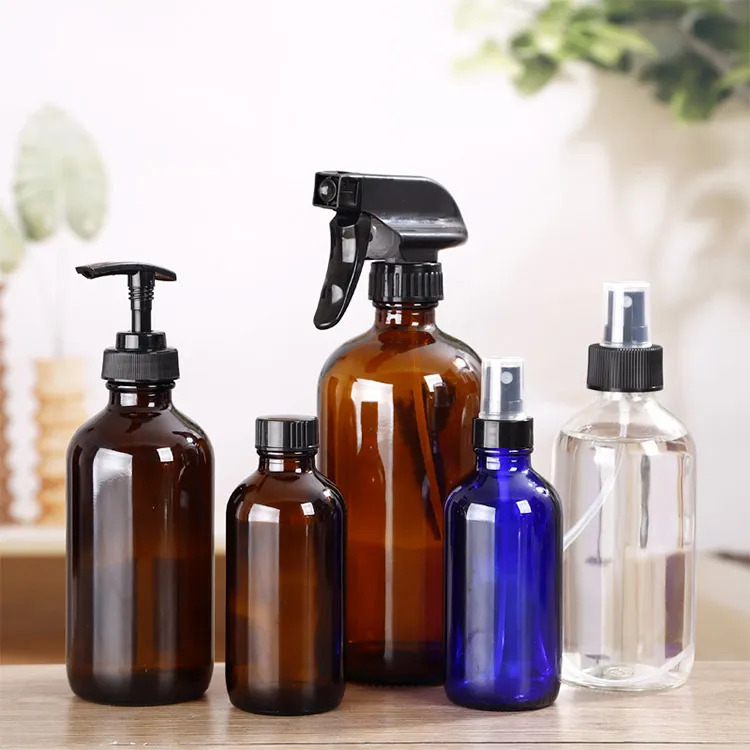 120ml 240ml 500ml 1000ml Cobalt Blue Amber Glass Spray Hand Sanitizer Bottle with Atomizer for Lotion Soap Dispenser