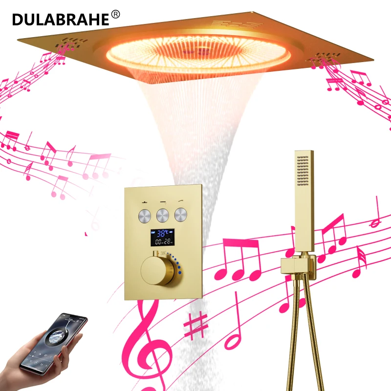 DULABRAHE Thermostatic Ceiling LED Rain Shower System Set Bathroom Brushed Gold 20 Inch Rainfall Shower Head With Music Sky City