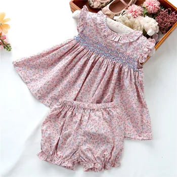 C07768 2 pcs summer new born baby clothes sets girls smocked dress hand made ruffles cotton kids clothing children wholesale