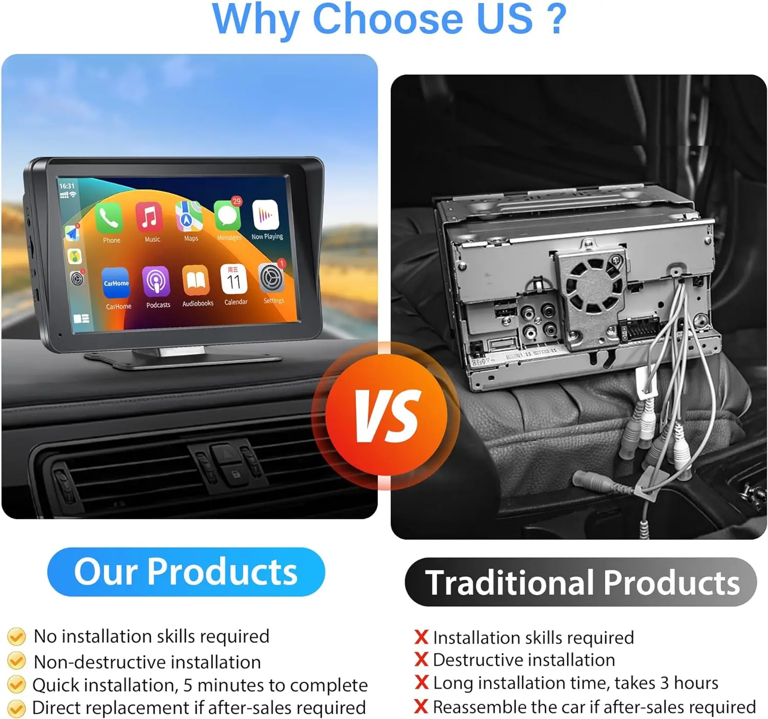 Car Screen Wireless Carplay Android Auto Car Radio with BT Hands