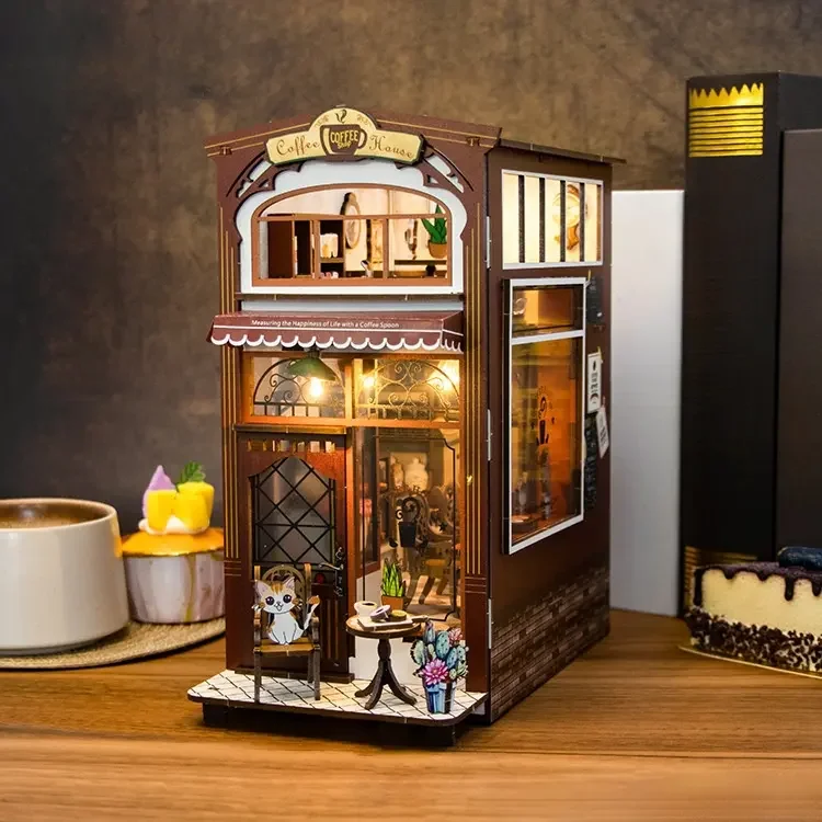 New Custom 3D DIY Booknook Coffee House Miniature wooden Book Nook Kit Bookshelf Nook Book 3D Wooden Puzzle Dollhouse M2411