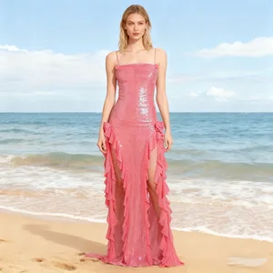 Bettergirl Fashion 2026 Spring Sequin Chiffon Sexy pink Long Dress Pleated Slit Halter Casual Party Dress