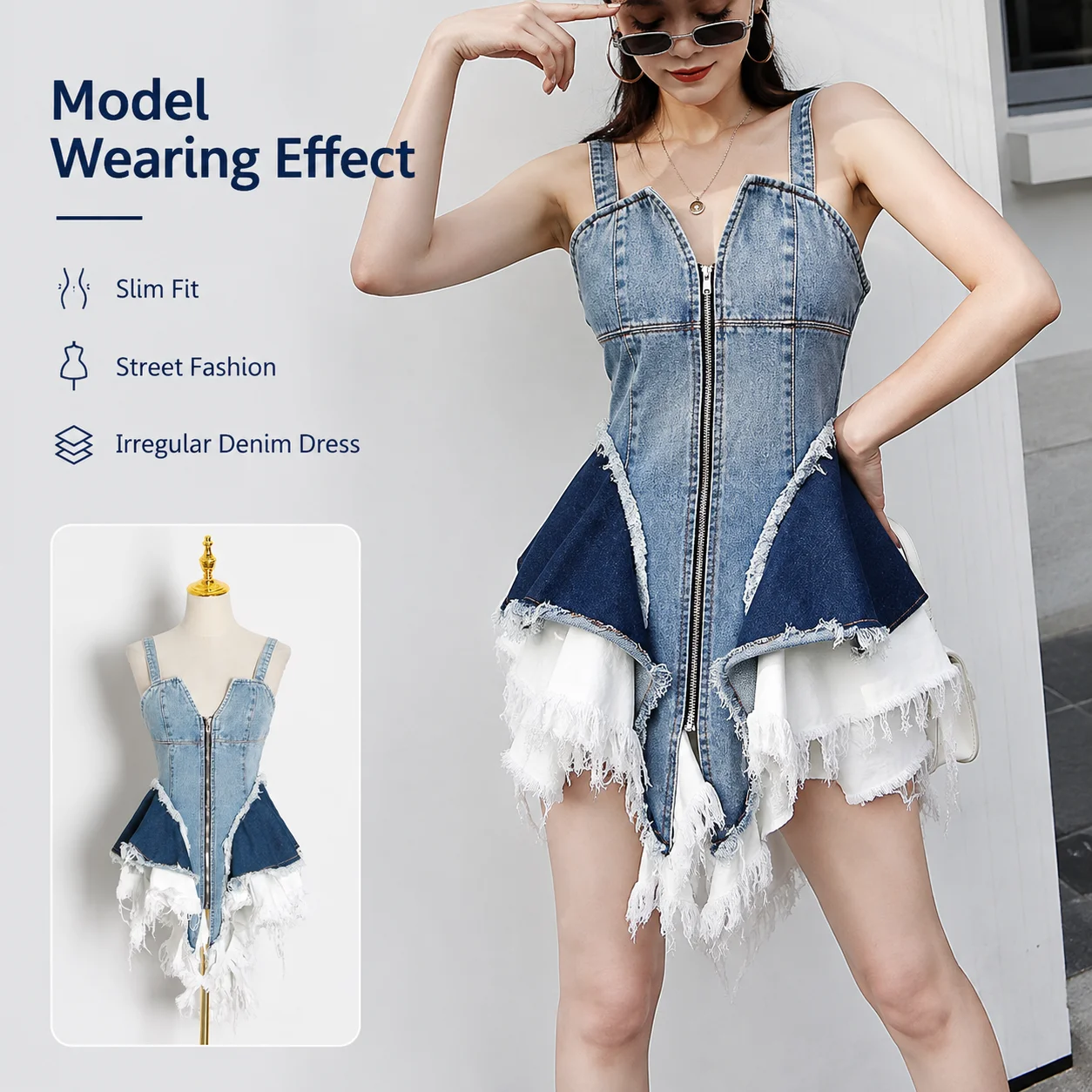 Sleeveless Shoulder Ladies Slim Dress for Spring Summer Denim Solid Pattern Tassel Decoration Natural Waistline Digital Printing