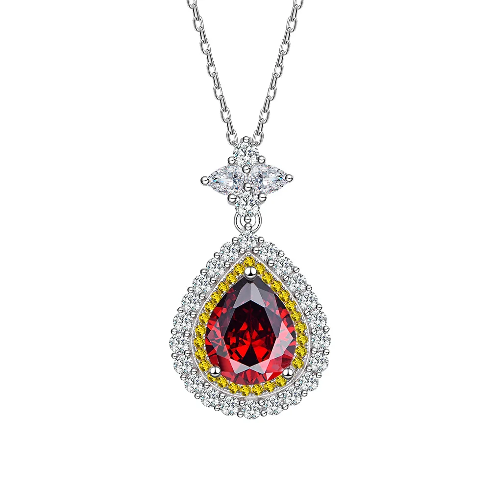SPJ Luxury Wedding Diamond Pear Diamond 925 Sterling Silver 4ct 9*11 Pigeon  Blood Ruby Stone Cz Zirconia Necklaces, image size:1000x1000