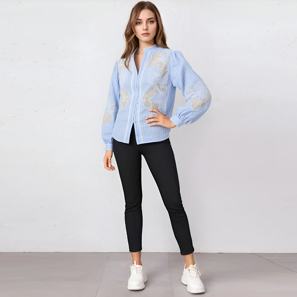Kemeja Lengan Panjang Motif Garis Biru Diropakkeun 2025 Motif Lace Khas Kasual Blus Baju Awewe