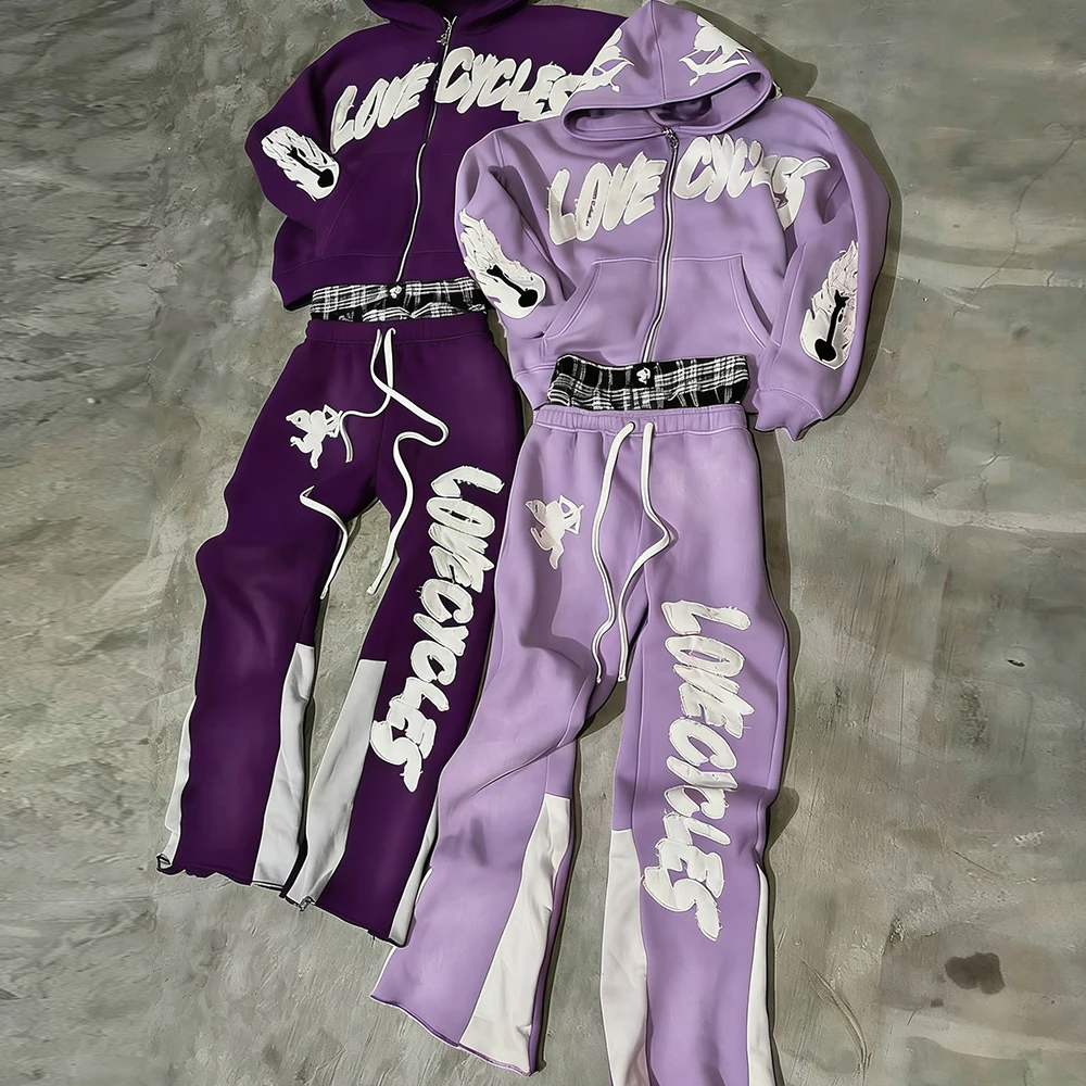 Manufacturers for Customs LOGO Clothes Embroider Zipper Tracksuit Vintage Acid Wash Flare Sweatpants and Hoodies Sweat Suits Men