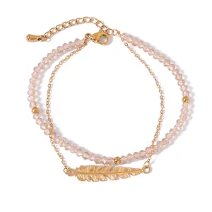 Western Jewelry Women's Double Layer Bracelet Dainty Crystal Beads Trendy Ball Shape Stainless Steel Gold Plated Beaded Bracelet