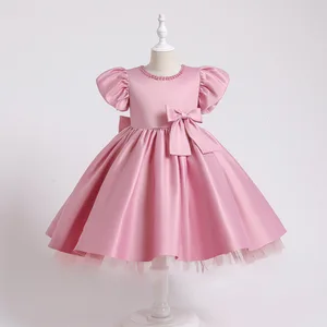 Hot-selling Children's Big Bow Satin Princess Dress A-Line Floor-Length Short Sleeve High Neckline for Banquet Wedding Piano