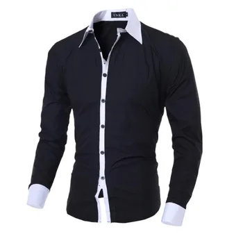 New Men Shirt Black White Male Long Sleeve Shirts Casual Solid Multi-Button Hit Color Slim Fit Dress Shirts