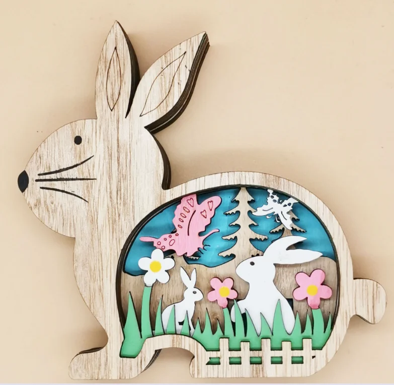 High Quality Carved Multi Layer Easter Egg Chicken With LED Light Wood Table Decorations for Home Wooden Animals Carving Crafts
