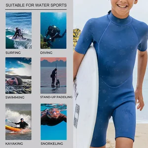 Solid Blue 2mm Neoprene Kids Short Sleeve Wetsuit Back Zip One Piece Diving Suit for Swimming and Surf Training