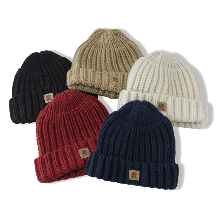 Wholesale Custom Wool Adult Beanie Hat Knitted Fitted Design with Leather Patch 3D Embroidery Technique
