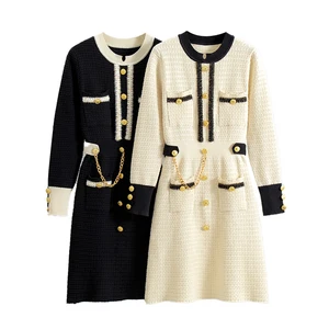 Spring and Autumn Solid Color Metal Button Knit Dress Elegant Slim Pocket Chain Knitted Sweater Dress Knitted Dress for Women