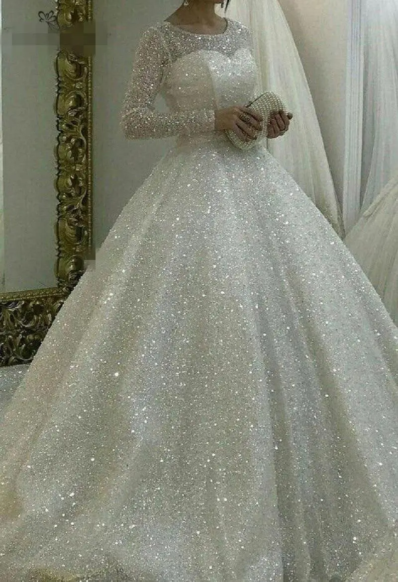 2026 New Designer African Woman Long Sleeve Bling Shining Wedding Dress Robe De Mariage Luxury Big Train Bridal Gown