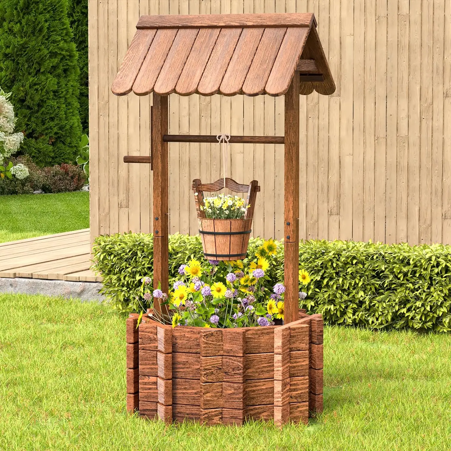 Secchio Legno Happyyami Stile Vintage - Vaso Fiori Rustico, Portapiante Giardino 27x23x13 Cm - Foto 6